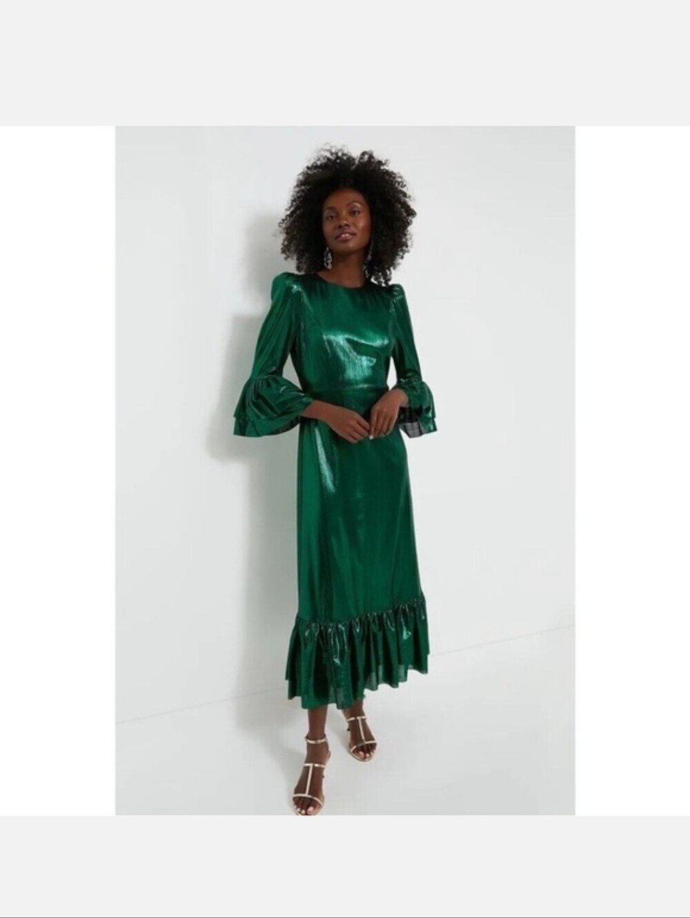 Pomander Place Green Metallic lillith Ruffle Midi Dress NWT Womens Small